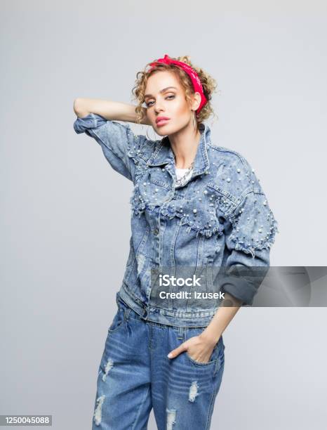 Fashion Portrait Of Young Woman In 80s Style Outfit Stock Photo - Download Image Now