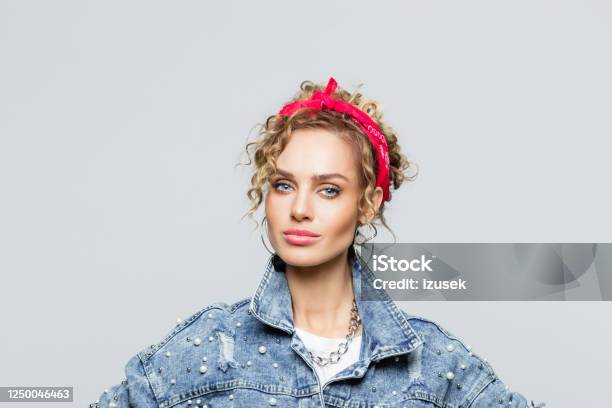 Powerful Young Woman In 80s Style Outfit Stock Photo - Download Image Now - Bandana, 1980-1989, Fashion