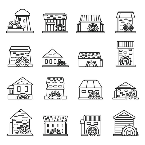 Farm water mill icons set, outline style Farm water mill icons set. Outline set of farm water mill vector icons for web design isolated on white background water wheel stock illustrations