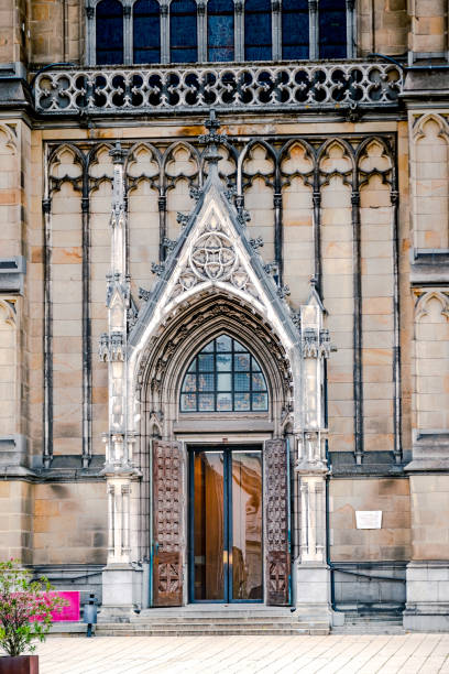Huge door in front of ancient cathedral in Linz, Austria