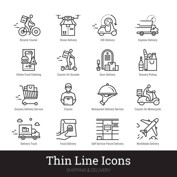 Delivery Service, Shipping, Retail, Online Shopping, E commerce Linear Icons Collection Isolated On White Background. Editable Strokes. Delivery service, shipping, retail, online shopping, e commerce thin line icons for web and mobile app. Editable stroke. Vector set include icons as contactless delivery, courier, grocery shop pickup, online food ordering etc drone symbols stock illustrations