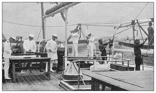 Antique photograph of British Navy and Army: Marine surveying in India