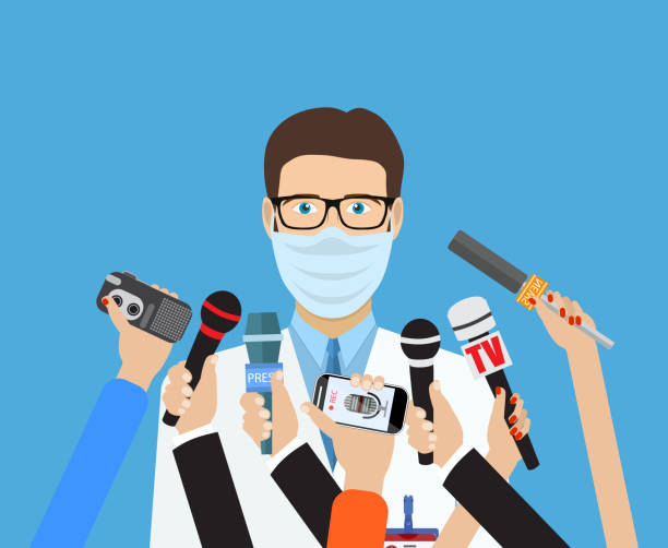 Press conference, world live tv news, interview Press conference, world live tv news, interview. doctor with medical mask. hands of journalists with microphones. vector illustration in flat style on blue background with world map covid politics stock illustrations