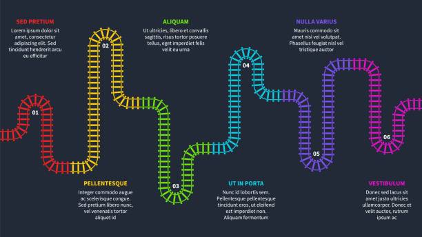 Railroad tracks. Railway timeline, tracking subway stations map top view, colorful stairs railways. Industrial maze vector infographics Railroad tracks. Railway timeline, tracking subway stations map top view, colorful stairs railways. Industrial maze vector infographics with copy space tramway stock illustrations