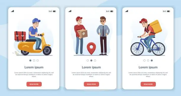 Vector illustration of Template for mobile app page with delivery theme. Flat cartoon characters fast courier, moped driver, cyclist rides on road delivery man gives box and receiving parcel
