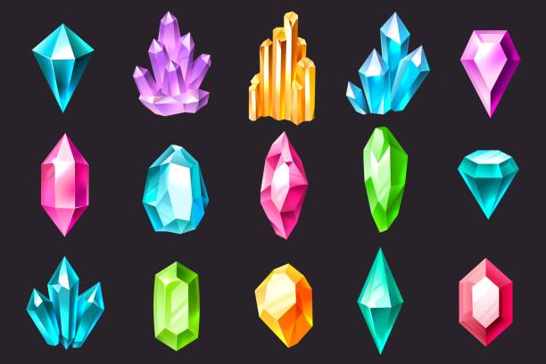 ilustrações, clipart, desenhos animados e ícones de cristais de desenho animado. joias coloridas, pedras preciosas, estalagmites de cristal e estalactites. conjunto vetorial de quartzo, safira e ametista - crystal bright diamond gem