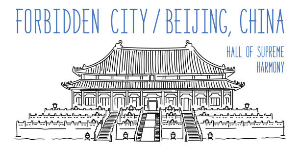 Forbidden City in Beijing, China. Hall of Supreme Harmony sketch. Freehand vector drawing isolated on background tiananmen square stock illustrations