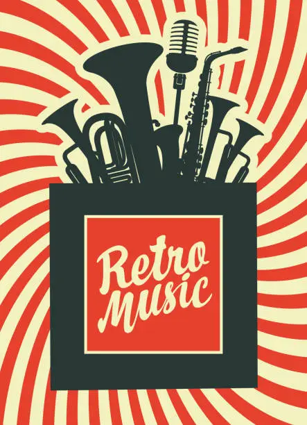 Vector illustration of Retro music poster with musical instruments.