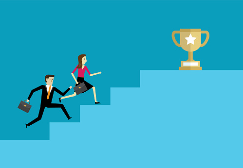 Business people step on the ladder of success with the trophy, Vector illustration in flat style