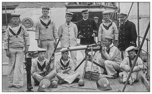 Antique photograph of British Navy and Army: Gunnery staff