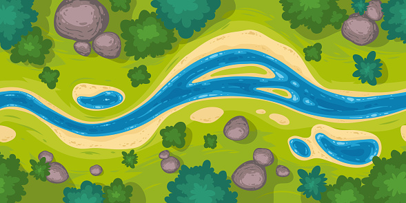 Flowing river top view. Vector seamless border with nature landscape with blue water stream, green grass, trees and rocks. Illustration of summer scene with brook flow with sand shore