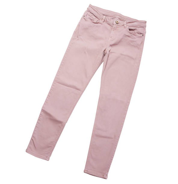istock Female pants, light pink denim pants top view isolated on white background, folded slim pants 1250062737