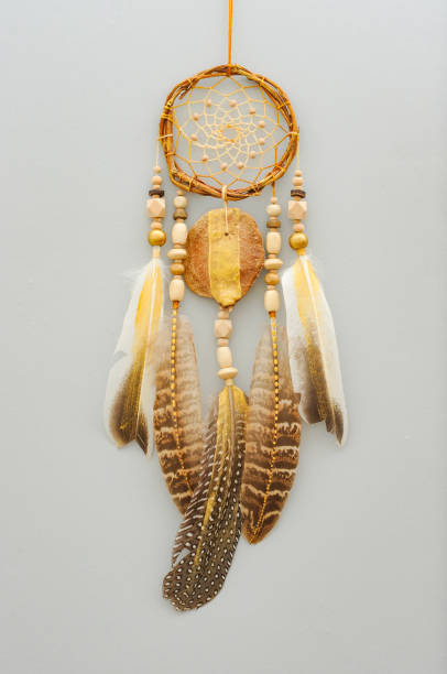 istock Native dream catcher with painted golden feathers on gray background 1250066588