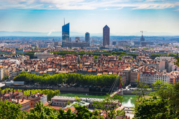 High angle view on french Lyon cityscape in summer with the Part-Dieu business district skyscrapers stock photo