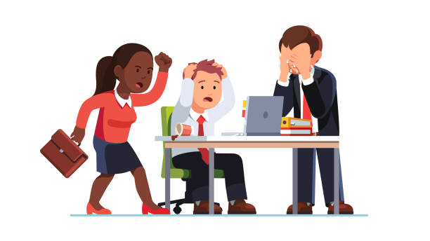 ilustraciones, imágenes clip art, dibujos animados e iconos de stock de los empresarios sufren pérdidas debido a un error de los gerentes. estallido emocional del equipo, supervisor gritando ira, trabajador rasgando el pelo, llorando en la desesperación mirando la computadora portátil de la oficina. ilustración vectorial p - embarrassment men business guilt