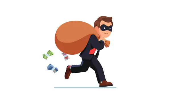 Vector illustration of Economic crime. Business man thief criminal wearing disguise eye mask running carrying big sack full of cash money packs falling from it. Robber carrying loot steal. Flat vector illustration