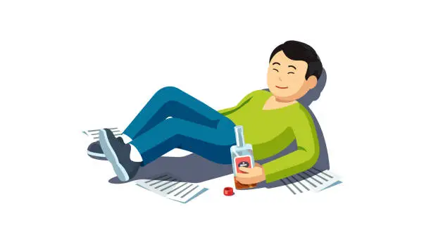 Vector illustration of Drunk Asian man lying on floor with whiskey alcohol bottle smiling after party celebration. Exhausted manager worker drinking. Addicted alcoholic leaning on wall. Flat vector illustration