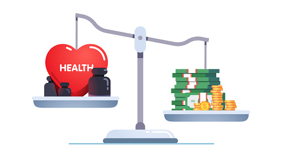 Money & health balance. Health care and treatment costs contradiction conflict. Healthcare, wealth earning on scales. Stack of cash versus red heart on scale. Flat style vector isolated illustration