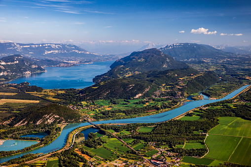 Panoramic picture over the Rhine near Bingen in daylight in summer