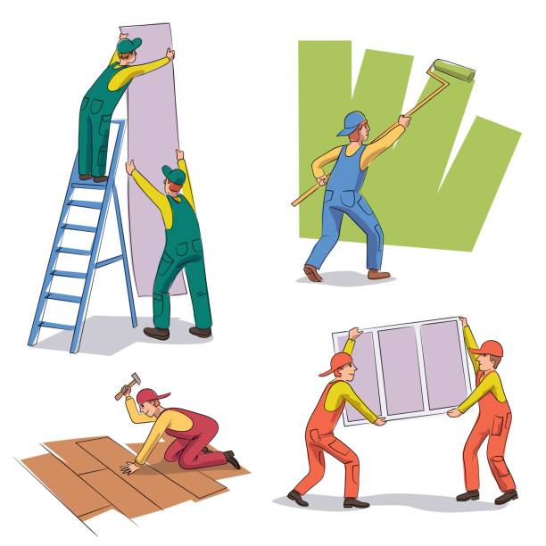 ilustraciones, imágenes clip art, dibujos animados e iconos de stock de conjunto de vectores de caracteres de reparador del constructor de trabajadores - interface icons hammer home interior house