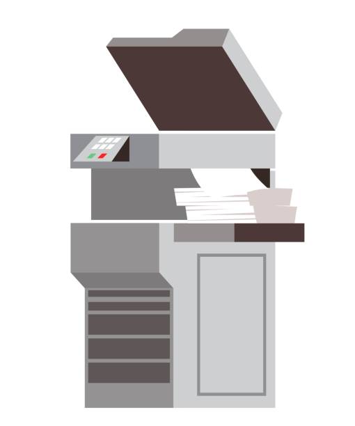 ilustrações de stock, clip art, desenhos animados e ícones de copier machine office photocopy scanner on white - print computer printer printout push button