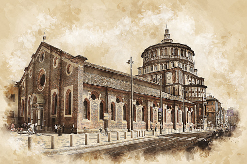 Santa Maria delle Grazie church in Milan, Italy. Sketch drawing of Santa Maria delle Grazie church