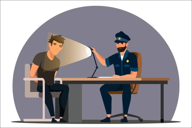 Vector character illustration work of police department Work of police department. Police officer interrogates man suspected of crime, glowing light of lamp into face. Detained man in handcuffs testifies, gives evidence. Vector character illustration police interview stock illustrations
