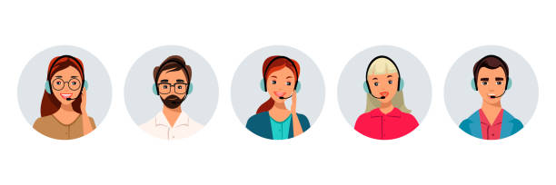 Vector character illustration hotline Call center Hotline Call center. Portrait of man, woman at support department. Office workers in headphones with microphone. Operator online help, advises customers, feedback concept. Vector illustration call center stock illustrations