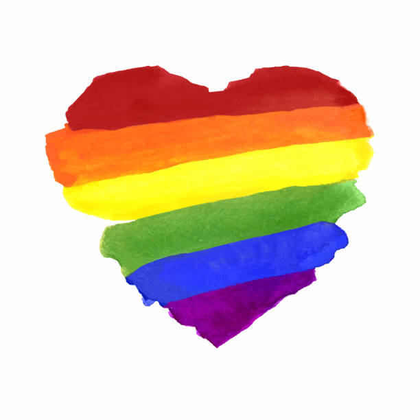 수채화 손 그린 다채로운 줄무늬 랑보우 플래그 와 하트 모양 - heart shape gay pride gay pride flag lesbian stock illustrations