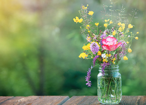 Wildflowers in a Glass Jar against Green Defocused Background