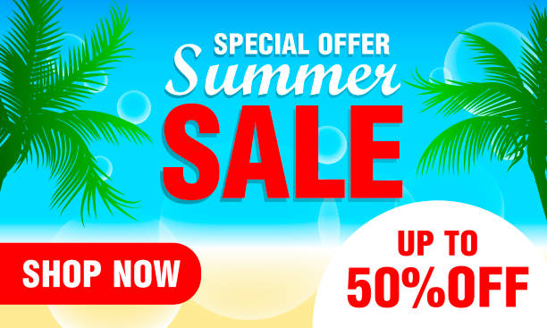 Summer sale design with 50% discount for summer holiday. Special offer summer sale Summer sale design with 50% discount for summer holiday. Special offer summer sale. Vector illustration plage stock illustrations