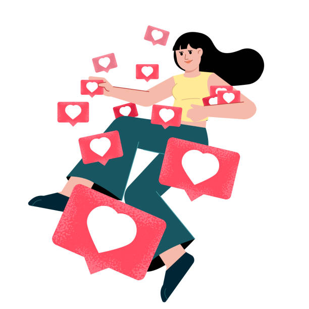 istock A girl holding and hug heart emoji button on white background. Heart icon vector illustration. 1250084436