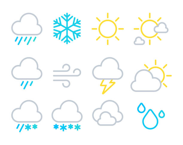 Weather Forecast Line Icons Weather line icon sets showing sunny cloudy windy rainy and snowy weather. rain symbols stock illustrations