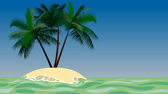 Small tropical island with three palm trees in the middle of the ocean under the blue sky. Vector illustration