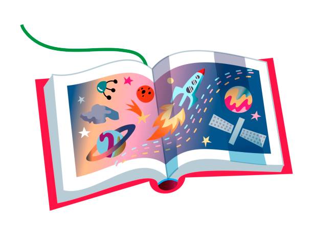 ilustraciones, imágenes clip art, dibujos animados e iconos de stock de libro infantil sobre astronomía, páginas abiertas con imágenes de planetas - libro de imágenes