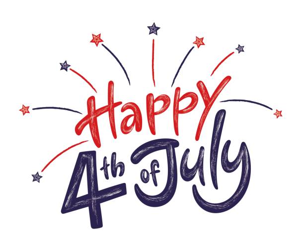 ilustrações de stock, clip art, desenhos animados e ícones de happy 4th of july independence day usa  handwritten phrase with stars and firework isolated on white background. vector lettering illustration. - felicidade