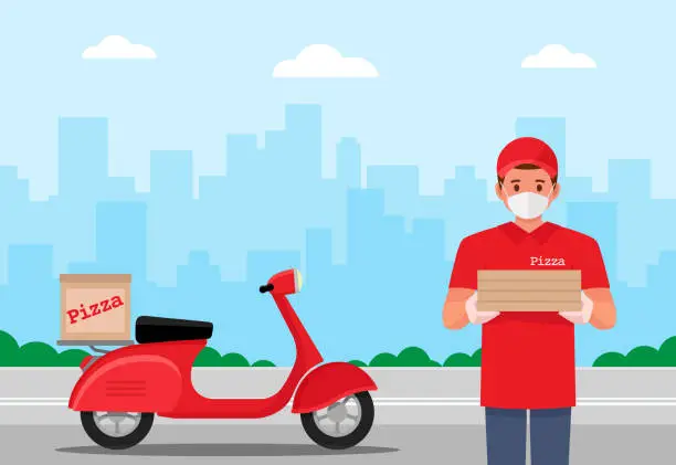 Vector illustration of Pizza delivery man with protective medical mask, during coronavirus covid-19 epidemic