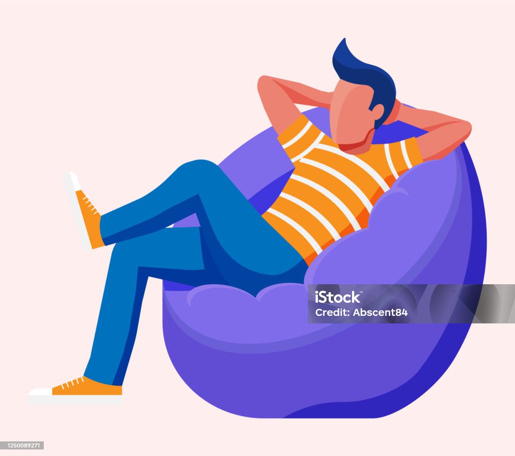 Young Man Sitting And Chilling On Bean Bag Stock Illustration - Download  Image Now - Bean Bag, Men, Relaxation - iStock