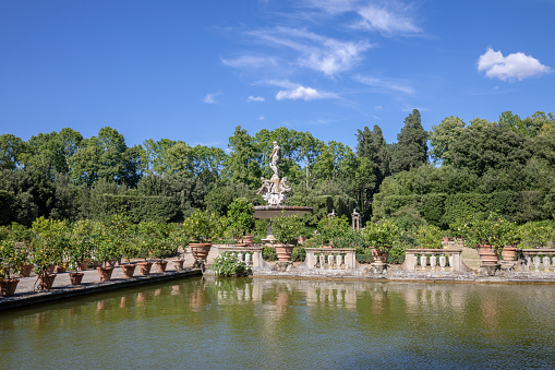 Florence, Italy - June 26, 2018: Panoramic view of Boboli Gardens (Giardino di Boboli) is a park in Florence, Italy, that is home to a collection of sculptures and some Roman antiquities