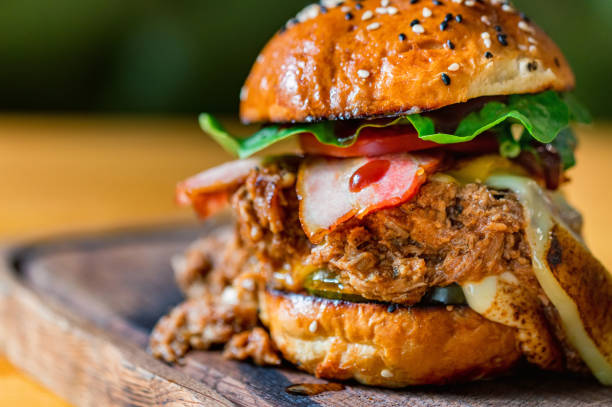 istock Close up tasty burger with minced meat served on tray 1250091304