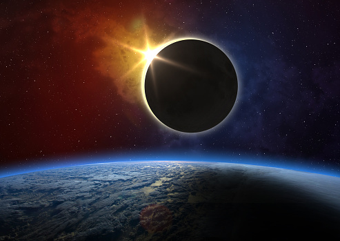 Solar Eclipse, Moon and colorful nebula. Solar eclipse - Moon passes between planet Earth and Sun. ------- Elements of this image furnished by NASA. Url(s): \nhttps://images.nasa.gov/details-iss040e078968\nhttps://images.nasa.gov/details-GSFC_20171208_Archive_e001861\nSoftware: Adobe Photoshop CC 2015. Knoll light factory. Adobe After Effects CC 2017.