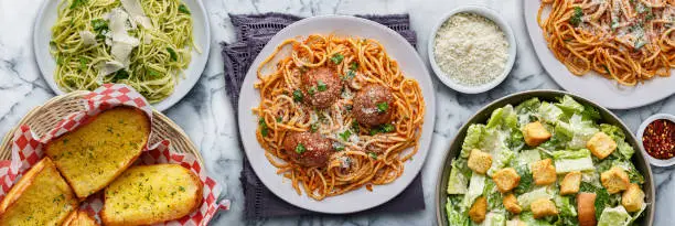italian pasta with spaghetti and meatballs in wide composition