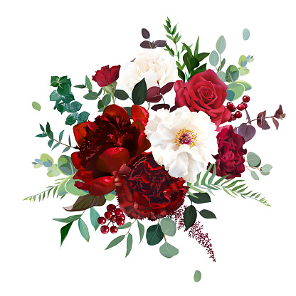 Classic luxurious red rose, carnation, white peony, berry, burgundy astilbe, emerald eucalyptus, greenery vector design wedding bouquet. Elegant wedding bunch of flowers. Isolated and editable
