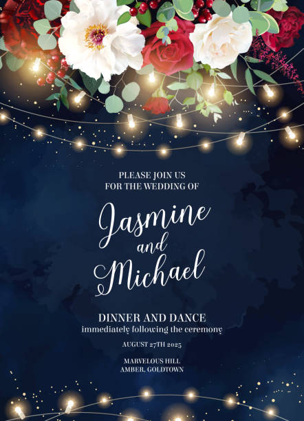 Magic night wedding lights vector design invitation Magic night wedding lights vector design invitation. Party hanging bulb garlands. Rose, greenery and peony flowers. Gold stars. Golden scattered dust. Midnight fairytale card. Isolated and editable fall flower bouquet stock illustrations