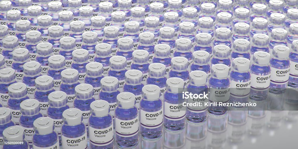 irus Covid -19 vaccine bottle. SARS-CoV-2. Vaccine batch 3d rendering. 4k COVID-19 Vaccine Stock Photo