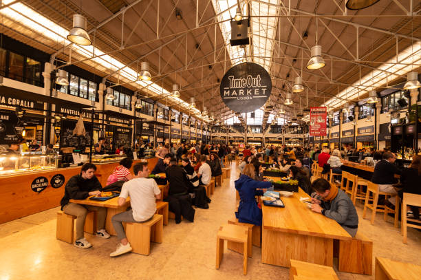 Lisbon, Portugal - 2 March 2020: Interior of Time Out Market food hall in Mercado da Ribeira