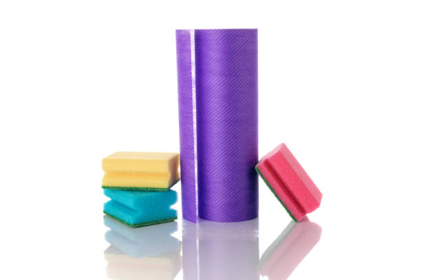 istock Cleaning sponge isolated on kitchen white background. Household clean equipment background. Supplies for cleaner service. 1250100527