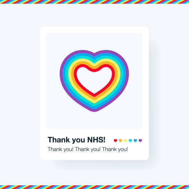 rainbow post w mediach społecznościowych - dziękuję nhs. wsparcie krajowej służby zdrowia i podstawowych pracowników plakat. tęczowe serce pocztówkę powiedzieć dziękuję. - thank you angielski zwrot stock illustrations