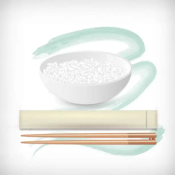 Vector illustration of White bowl with rice, wooden food chopsticks. Japanese sushi ingredient and chopsticks. Lunch utensil vector image.