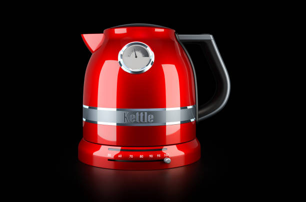 istock Red stainless electric tea kettle, retro design on black background, 3D rendering 1250108623